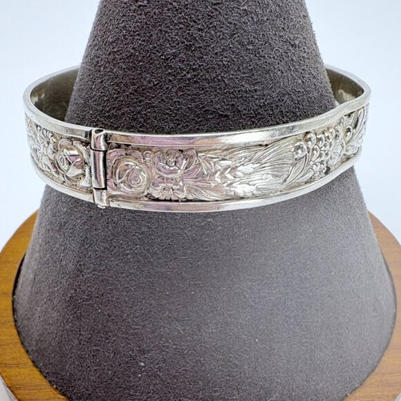 Antique Sterling Silver 925 Rose Flower Design Hinged Bangle Bracelet Size L - Picture 4 of 10